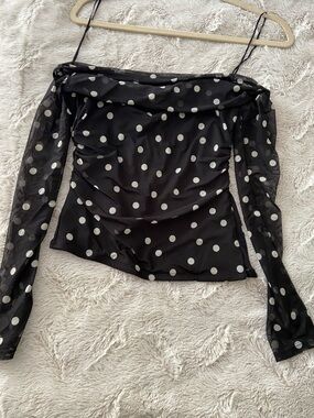 Abercrombie & Fitch Black Sheer Polka Dot Off-the-Shoulder Top with White Dots